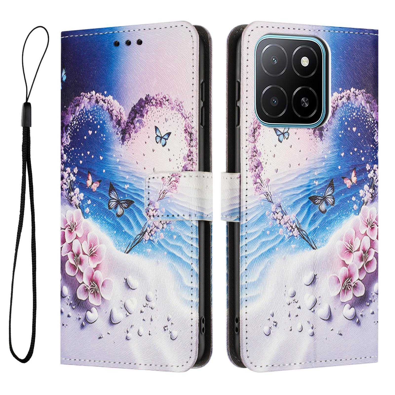 

Для Honor X6c 4G Чехол-кошелек с печатью узора, ПУ кожаный чехол для телефона со шнурком Heart Butterfly