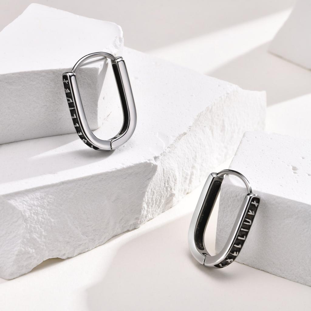 Vnox Viking Runes U Style Earrings for Men, Vintage Silver Color Stainless Steel Hoop Huggie Earrings,Gifts for Him Jewelry
