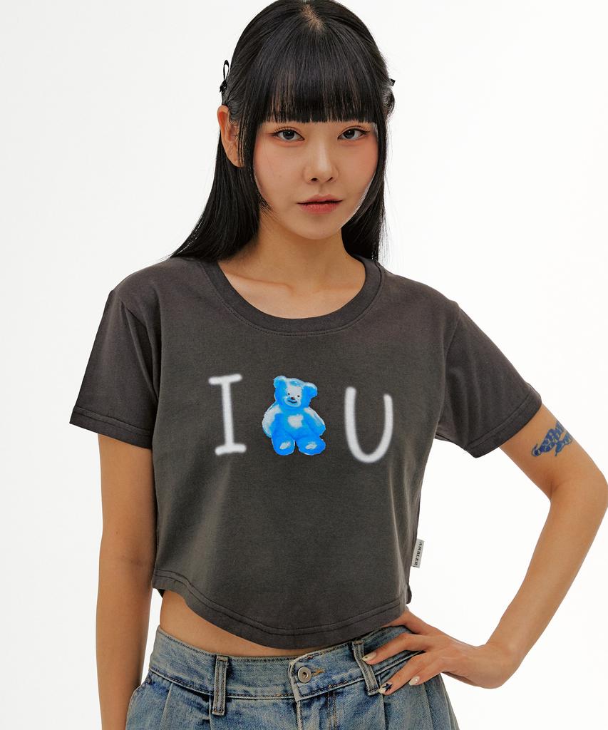 AMBLER Blue Bear, Love U Round Hem Crop Short Sleeve T-Shirt Acr505 (Dark Gray)