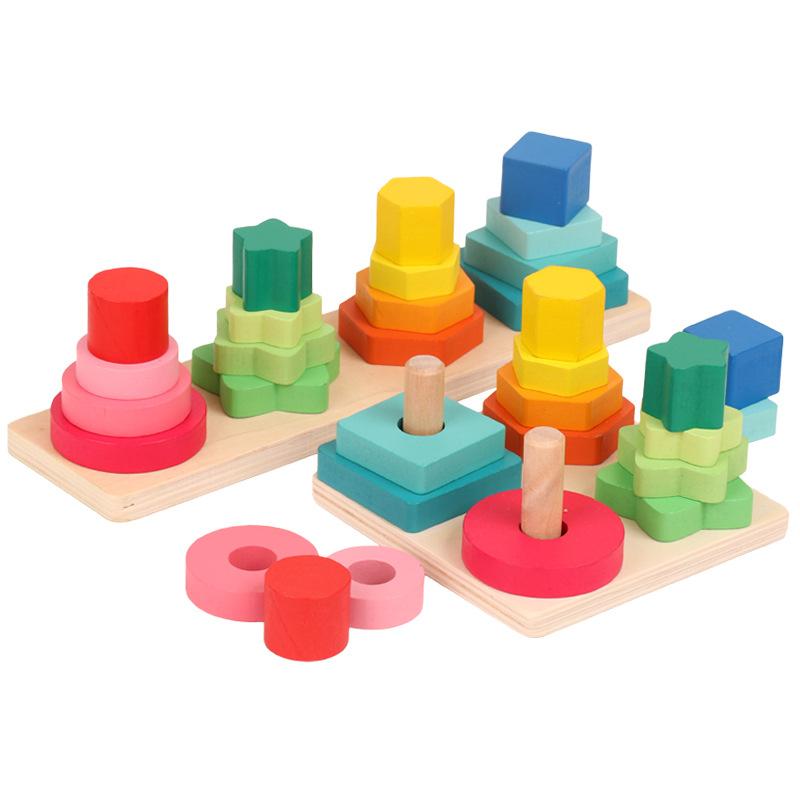 Wooden Geometric Column Set Intellectual Toy Gradual Change Color Flower Shape Cognitive Matching Children'S Intellectual Toys