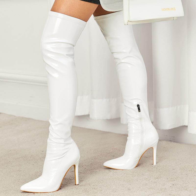Кожаные сапоги на высоком каблуке из мягкой лакированной кожи с внутренней молнией модные для улицы эластичные с острым носком ботфорты 35 белый 4433₽