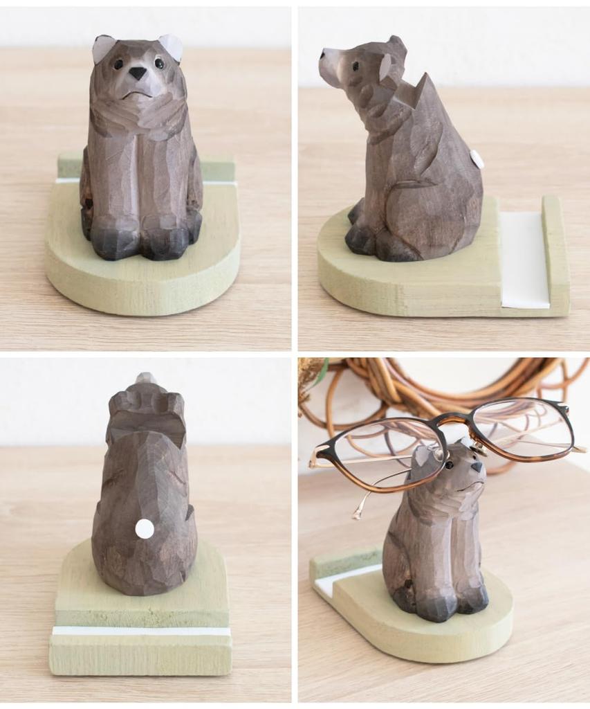 Fika Bear Wooden Tabletop Smartphone and Glasses Stand, Natural Wood, Animal Design