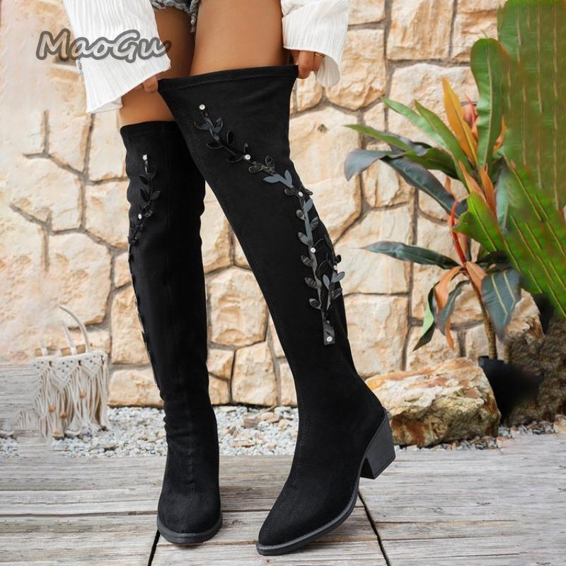 Black Long Boots for Women Chunky Heel Pointed Toe Suede Over-the-Knee Boots Winter Warm Short Plush Modern Bottes Femmes Size36