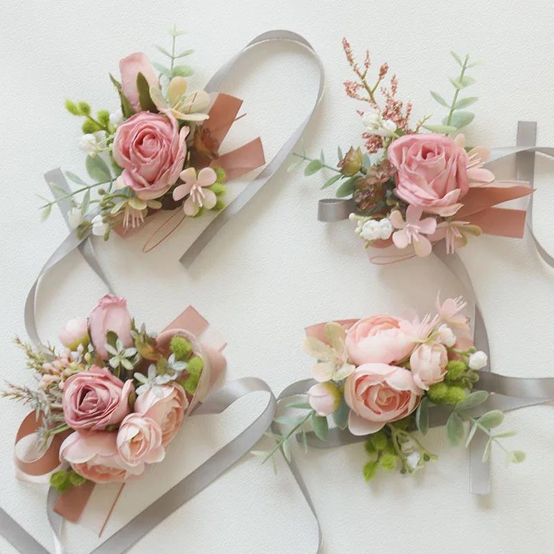 6pcs Pink Corsage Boutonniere Set for Bride Groom Bridesmaids Groomsmen Wedding Cerenony Homecoming Prom Suit Flowers