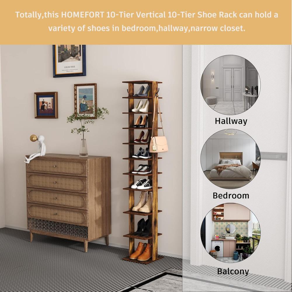 10-Tier Vertical Shoe Rack, Corner Shoe Tower, Slim Shoe Organizer with Two Hanging Hooks, Wooden Shoe Storage Stand forEntryway