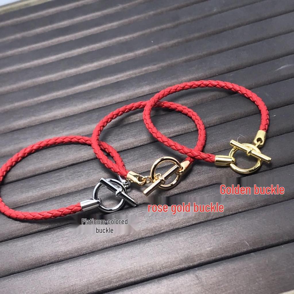 European & American Fashion H-Shaped Leather Cord Bracelet In Enamel V with 18K Rose Gold Plating - Pig Nose Design, Influencer Couple Style