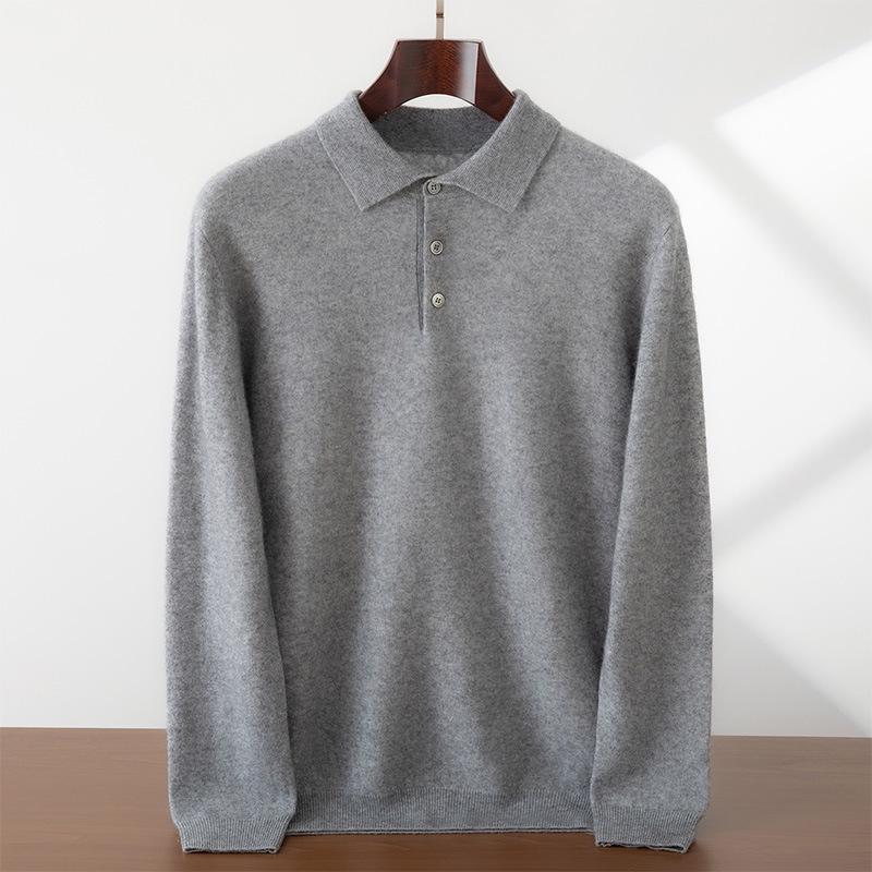 Men's Cashmere Polo Collar Sweater, Solid Color Knitwear, Long Sleeve Button-Up Pullover for Autumn/Winter