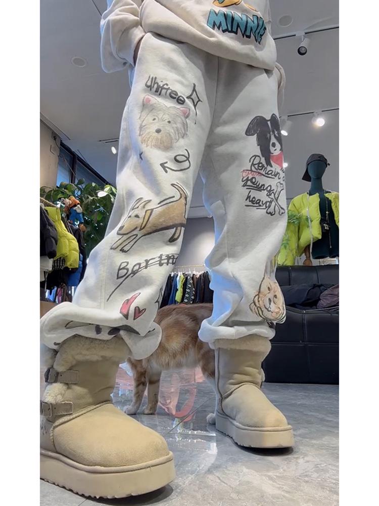 Plus Size Elastic Waist Fleece-Lined Sweatpants for Women - Autumn Winter Printed, Slimming, Casual Long Pants