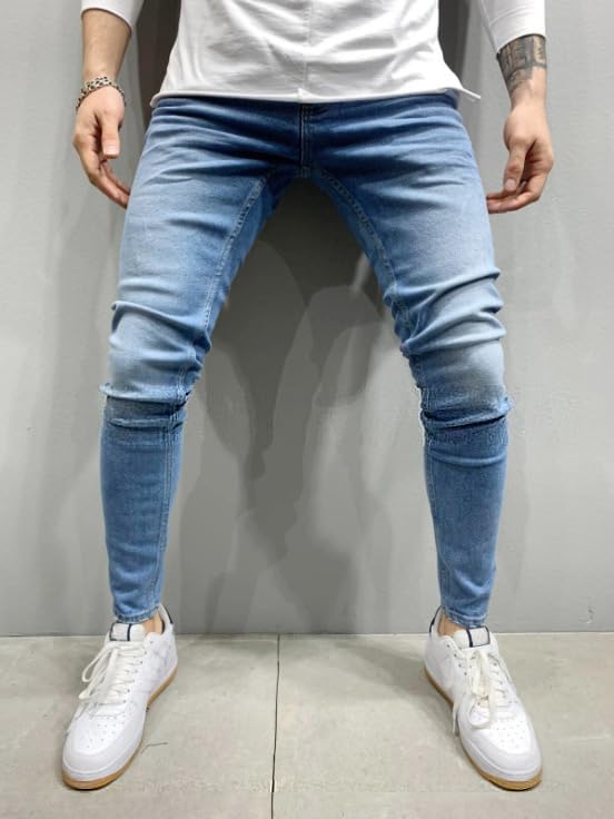 Petit De Français Men's Denim Jogger Pants, Distressed Jeans, Rider Jeans, Motorcycle Jeans, D-46 (L, Blue)