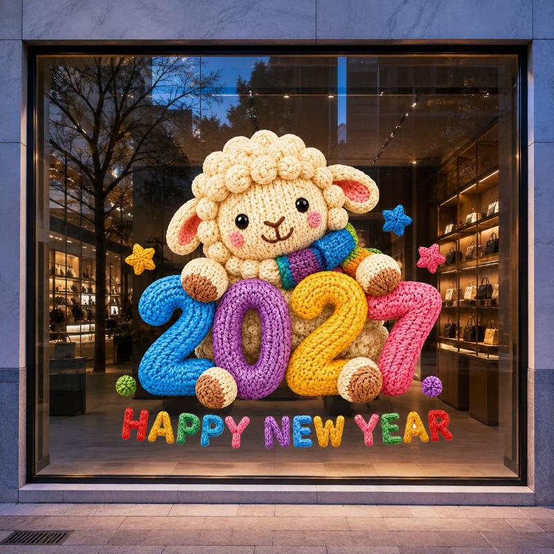 2027 New Year Window Stickers Cute Crochet Sheep Pattern Removable Self Adhesive For Home Shop Holiday Window Decoration