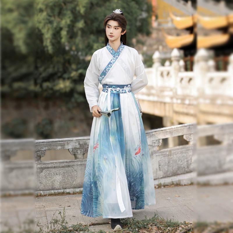 Chinese Wei Jin Dynasty Style Hanfu For Handsome Men, Martial Arts Style Cross Collar Sleeve One-piece Skirt Print Set