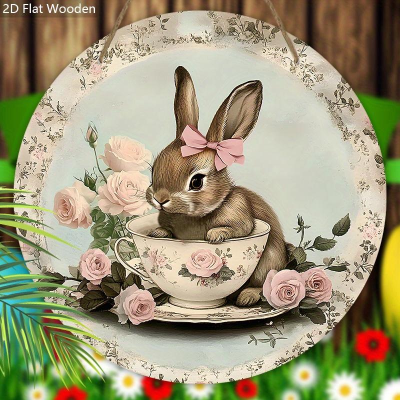 Vintage Teacup Bunny Wooden Sign, Charming Round Sign for Front Door, Wall Hanging Decor - Ideal Easter & Shabby Chic Gift for Home