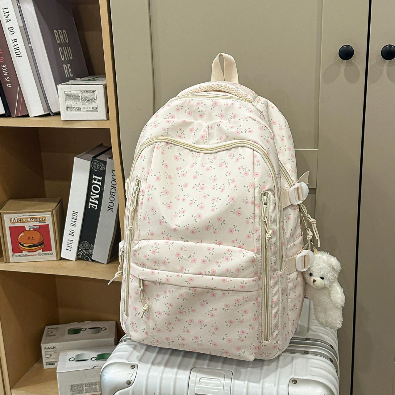 

Women Printed Backpack, Large Capacity Casual Daypack with Zipper Closure & Cute Pendant, Lightweight Fashion Versatile Shoulder Bag світло-рожевий колір
