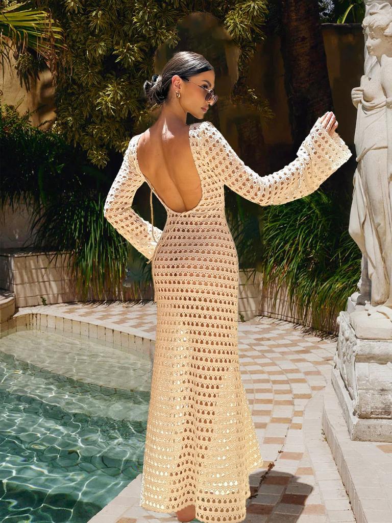 Sexy Knit Mesh Backless Long Bell Sleeve Beach Maxi Dress 2025 Women's Summer Slim Outfits Vacation Swimsuit Cover Up Tunic K205