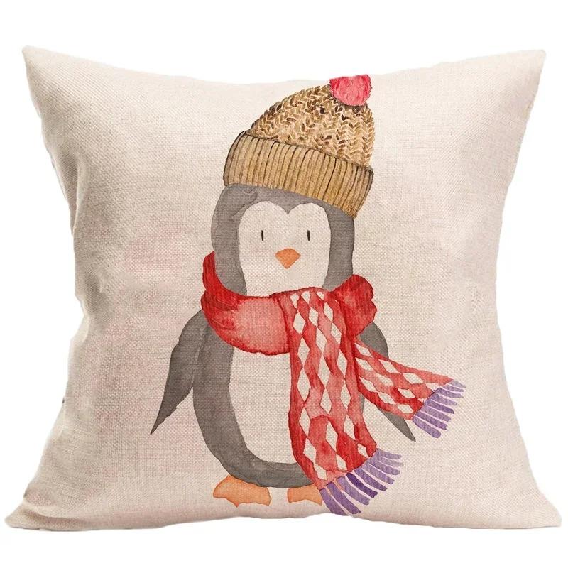 Winter Forest Cartoon Animals Linen Pillowcase Home Living Room Sofa Car Office Cushion Cover 45*45Cm