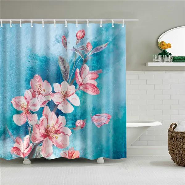 Flower Painting Printed Mildew Proof Polyester Shower Curtains Washable Waterproof Shower Curtains for Bathroom Home Decor