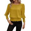 Women’s Fashion Solid Waist Cinched Puff Sleeve Casual Stretch Blouse Crew Neck T Shirt Top for Spring and Autumn