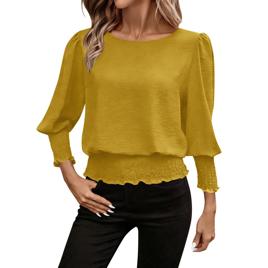 Women’s Fashion Solid Waist Cinched Puff Sleeve Casual Stretch Blouse Crew Neck T Shirt Top for Spring and Autumn