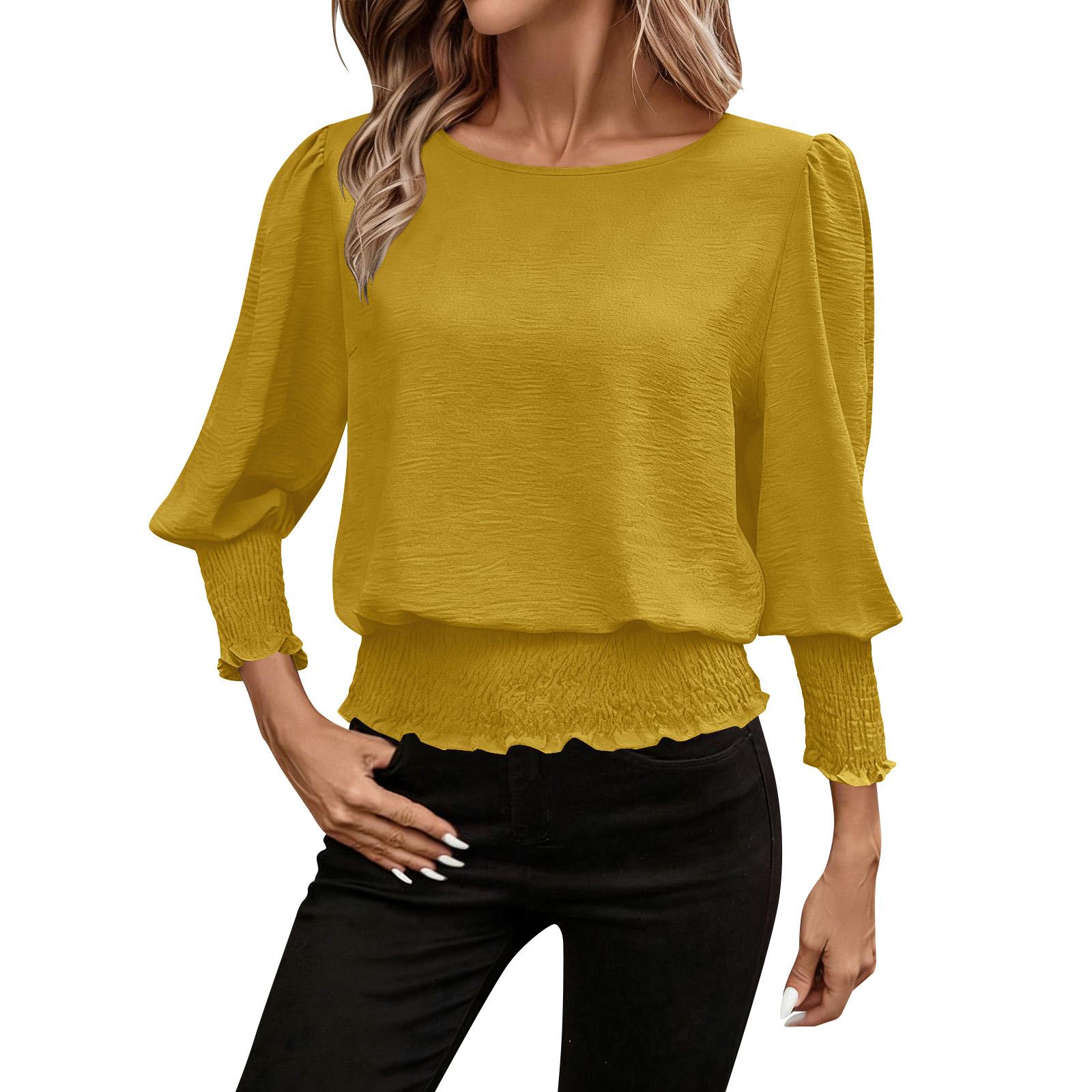 

Women s Fashion -Colour Fitted Bubble-3/4Sleeve Cropped Casual Stretch Shirt With Round Neck XL жовтий