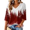 Women's V-neck Christmas Print Three-quarter Sleeve Lightweight Top