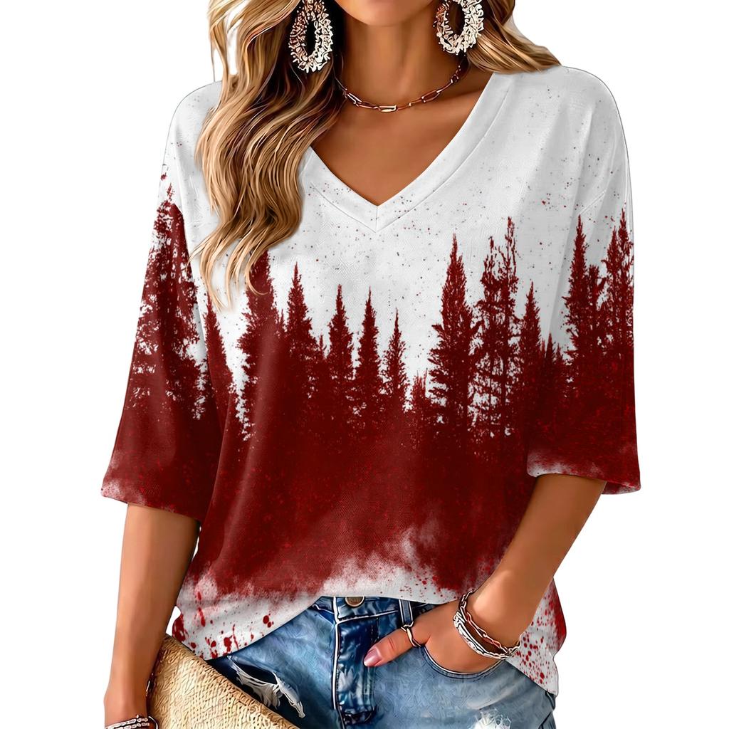 Women's V-neck Christmas Print Three-quarter Sleeve Lightweight Top