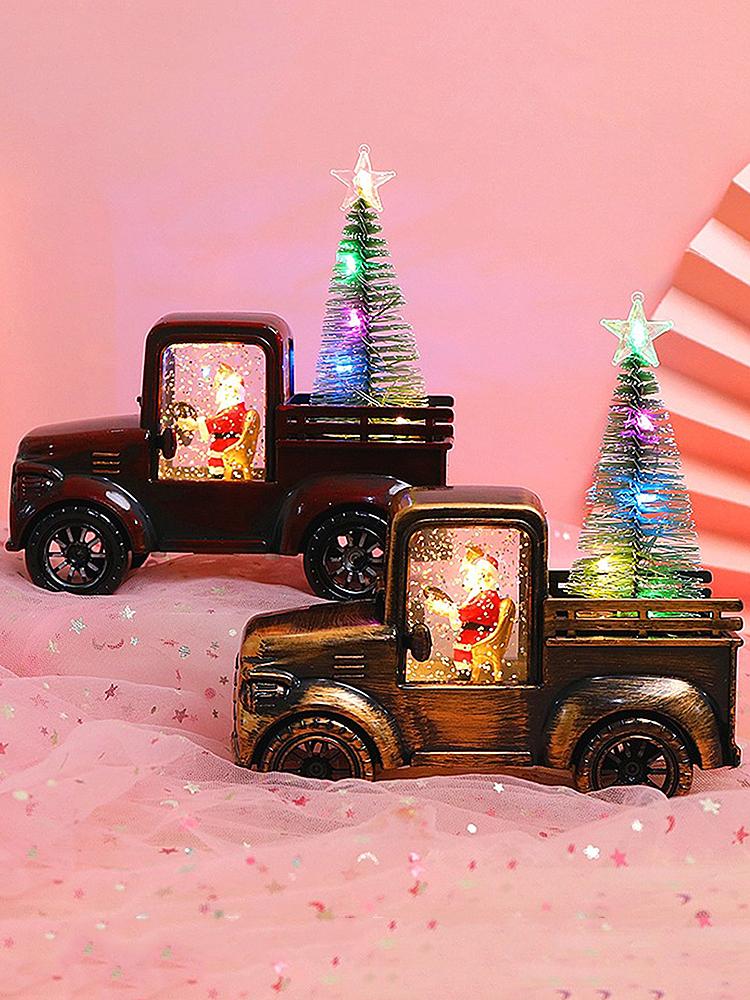Santa Tree Truck Statue Antique Bronze with Illuminated Christmas Tree Water Filled Santa Pickup