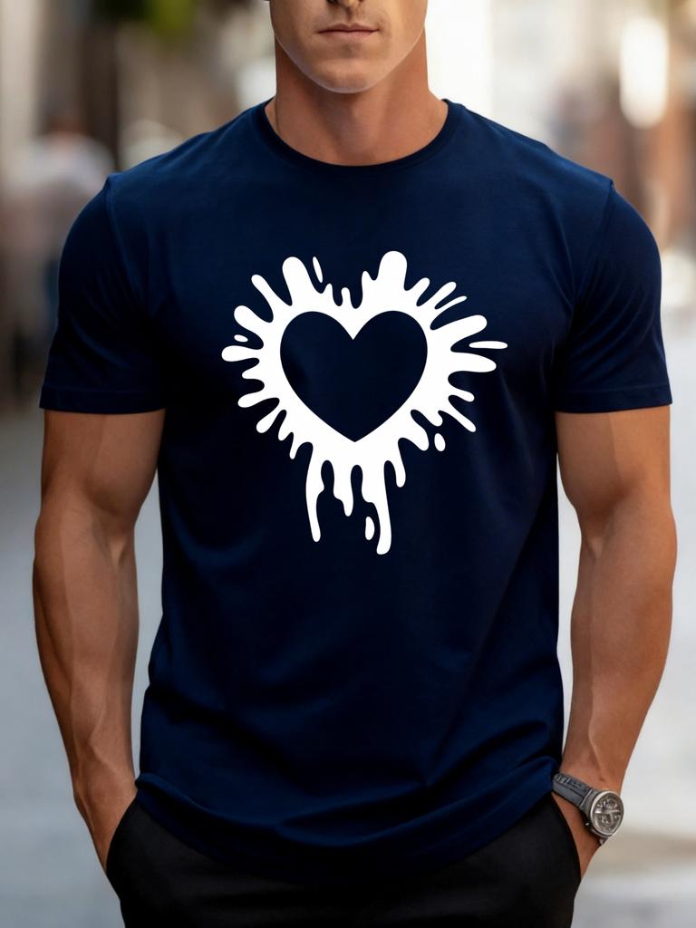 Unisex White Crew Neck Tee Drip Ink Heart Shape Pattern Print Loose Oversized Short Sleeve Unisexs Streetwear Summer Casual Basic Top