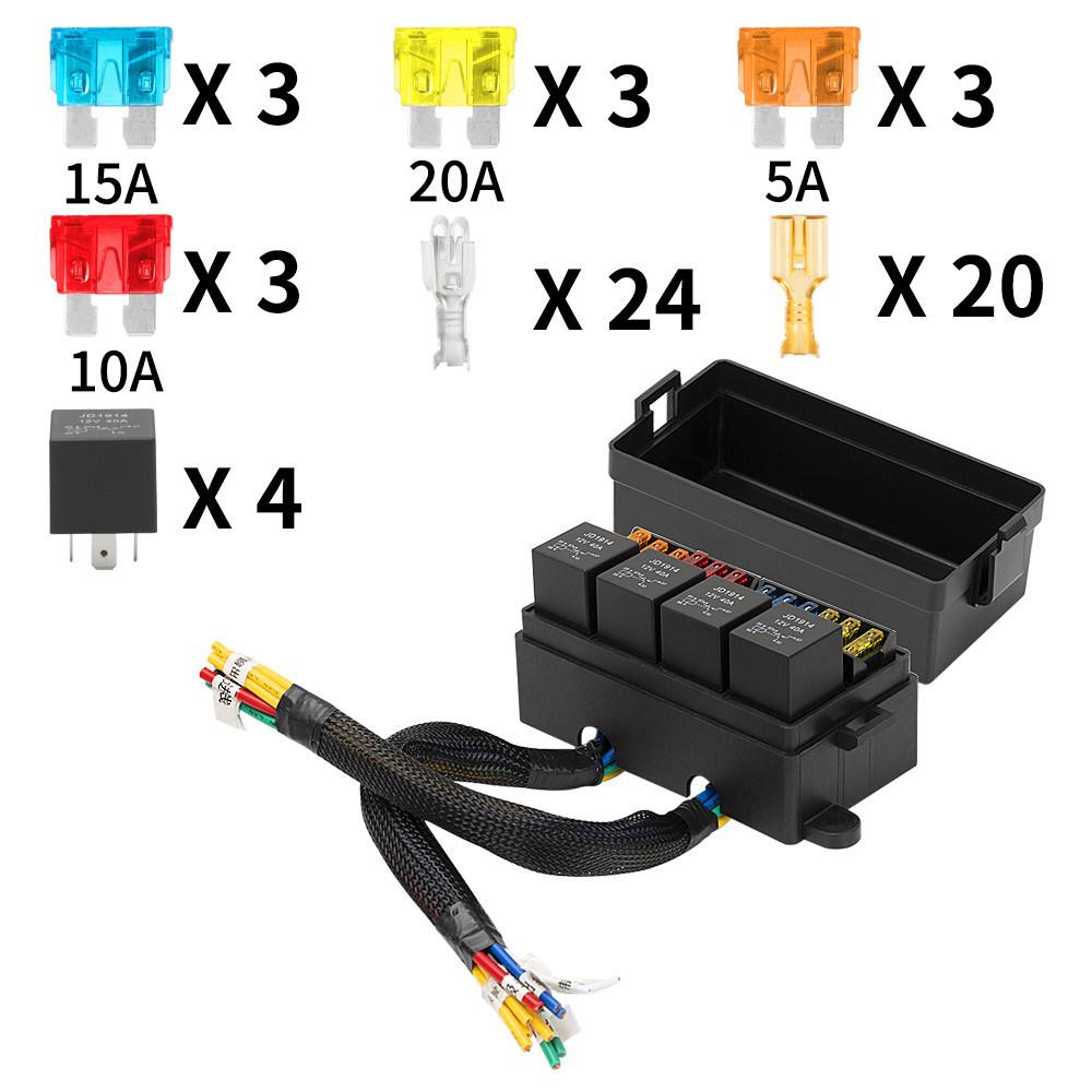 12V Waterproof Relay Fuse Box Block ATC/ATO Fuse Holder with Relays and Fuse Spade Terminals for Automotive Marine Boat Truck 12V4PIN