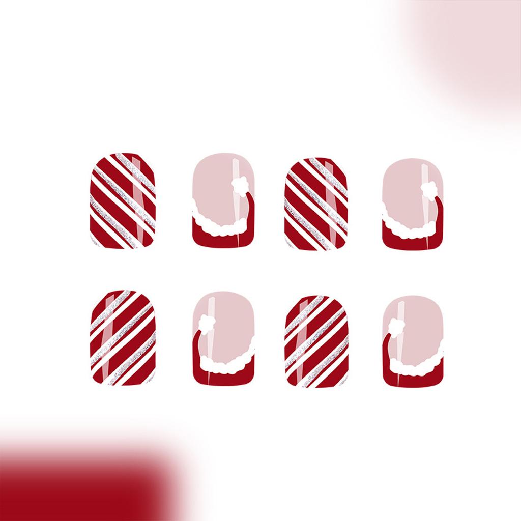 Christmas Full Cover Stick On Nails Lines Press On Nails Short Square False Nails Glittering Artificial Nails for Winter