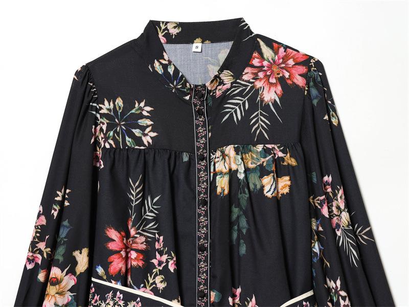 Spring 2026 European & American Style Women's Waist Tie Long Sleeve Printed Dress