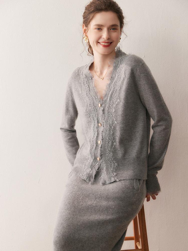 2025 Herbst/Winter Damen V-Ausschnitt Kaschmir Spitzen Strickjacke