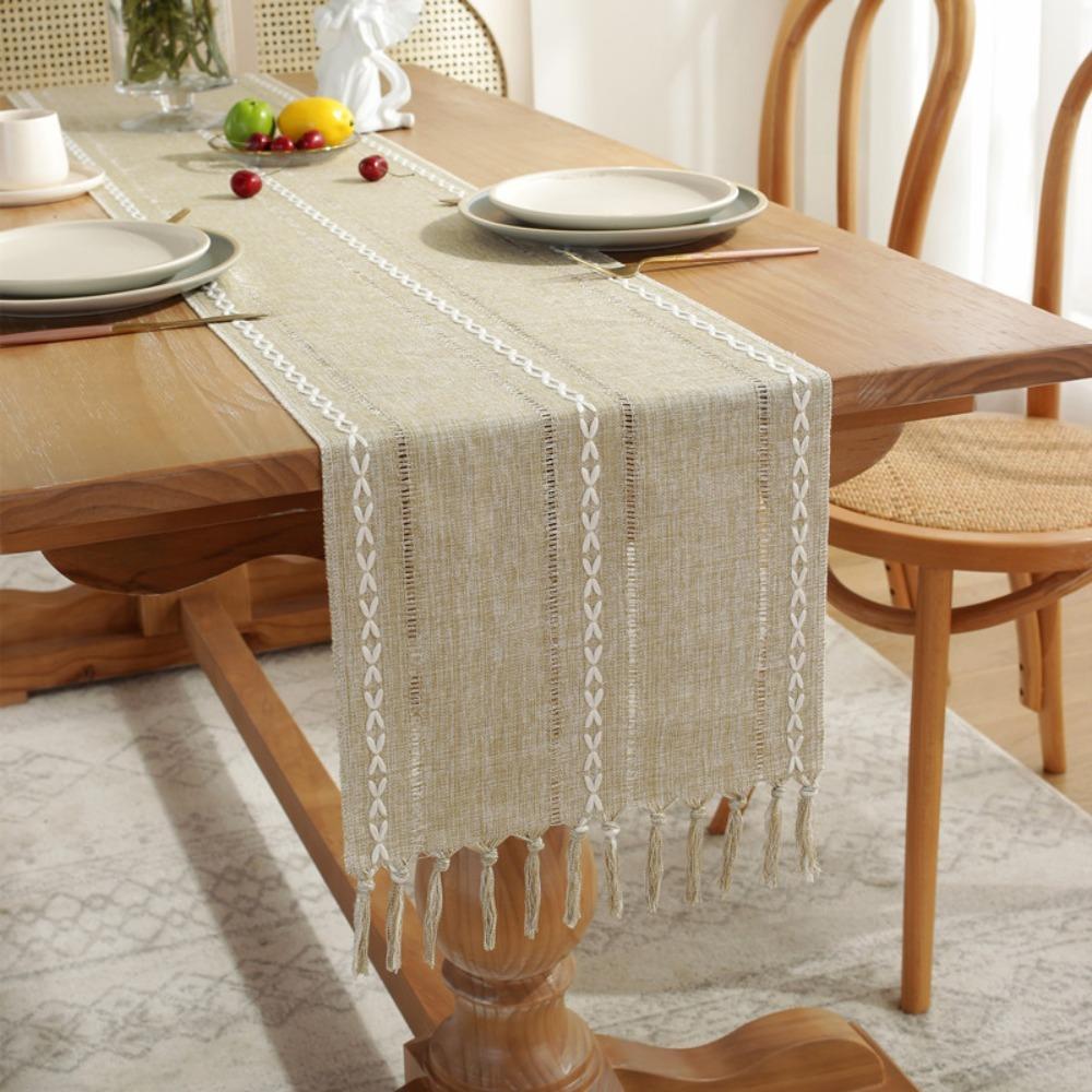 

With Tassels Dining Table Cloth Hollow Weaving Table Cover Household Table Flag Coffee Table 12.99x72.05 in колір світло кави