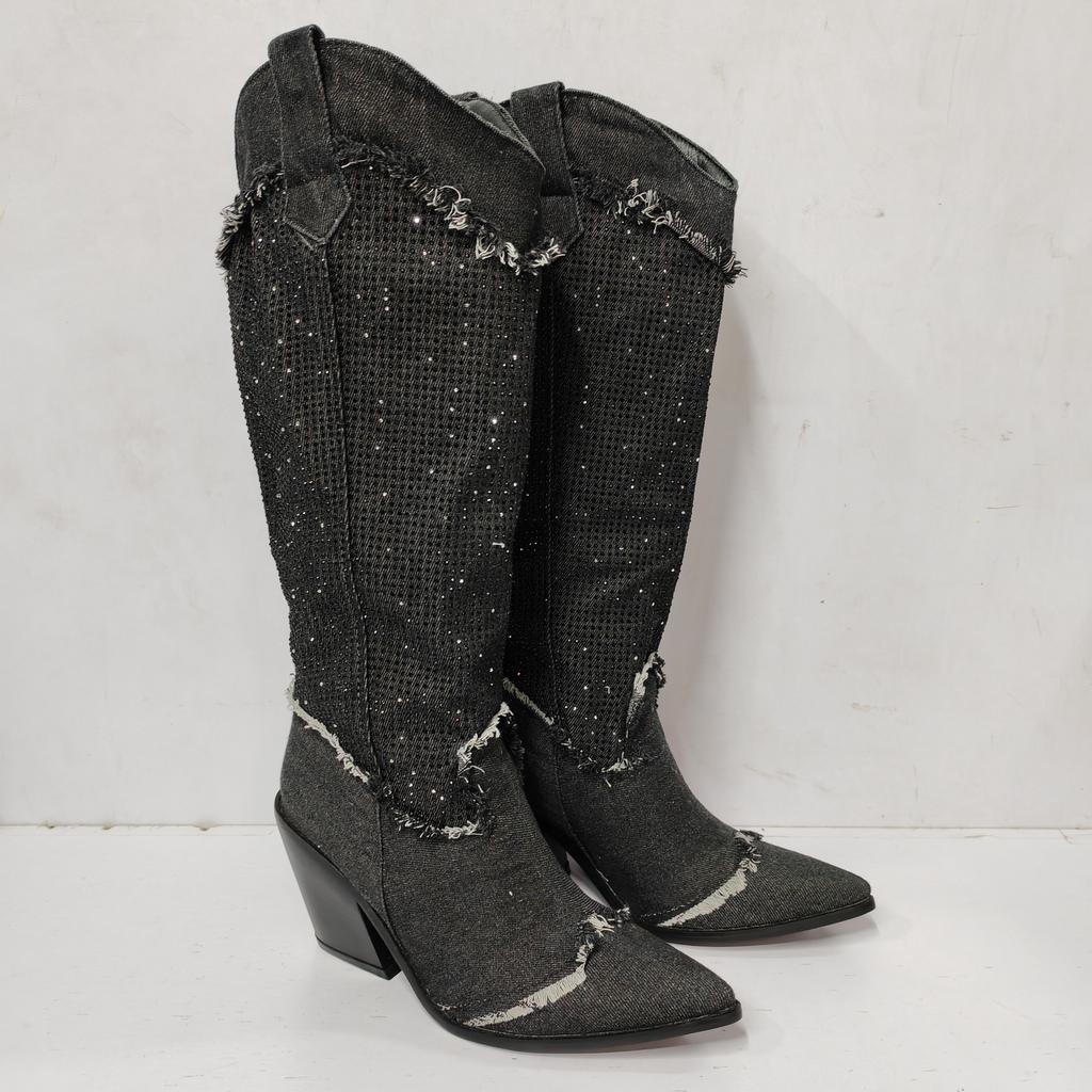 2024 Spring New ZA Knee High Botas Fashion Woman Denim Luxury Designer Rhinestones Western Cowboy Boots