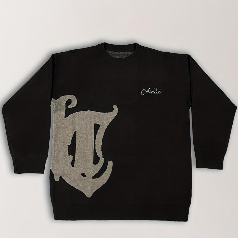 

Осень и Зима С круглым вырезом Свободный узор Вышитый Y2K Уличный Персонализированный свитер для мужчин и женщин XL чёрный