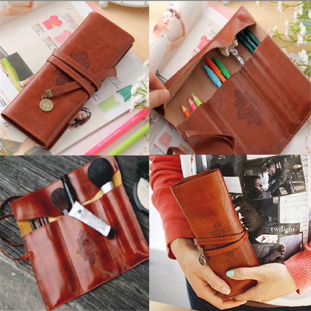 1Pcs Vintage Retro UP Leather Roll Pencil Case Twilight Saga Cosmetic Roll Bag for Women Gifts Stationery Brush Makeup Supplies