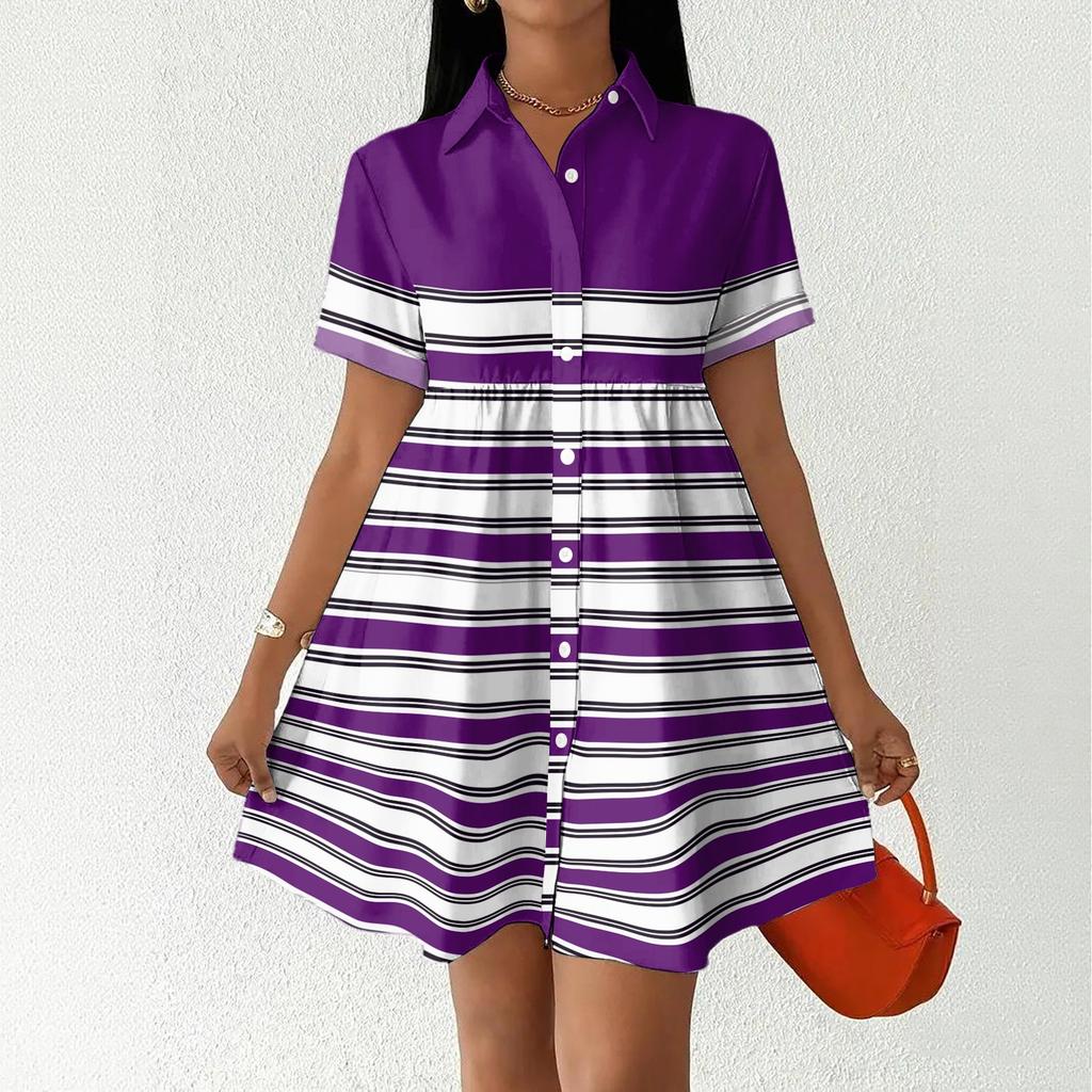 Women Loose Fit Shirt Dress Button Front Stand Collar Short Sleeve Casual Dress with Stripe Print for Daily Wear