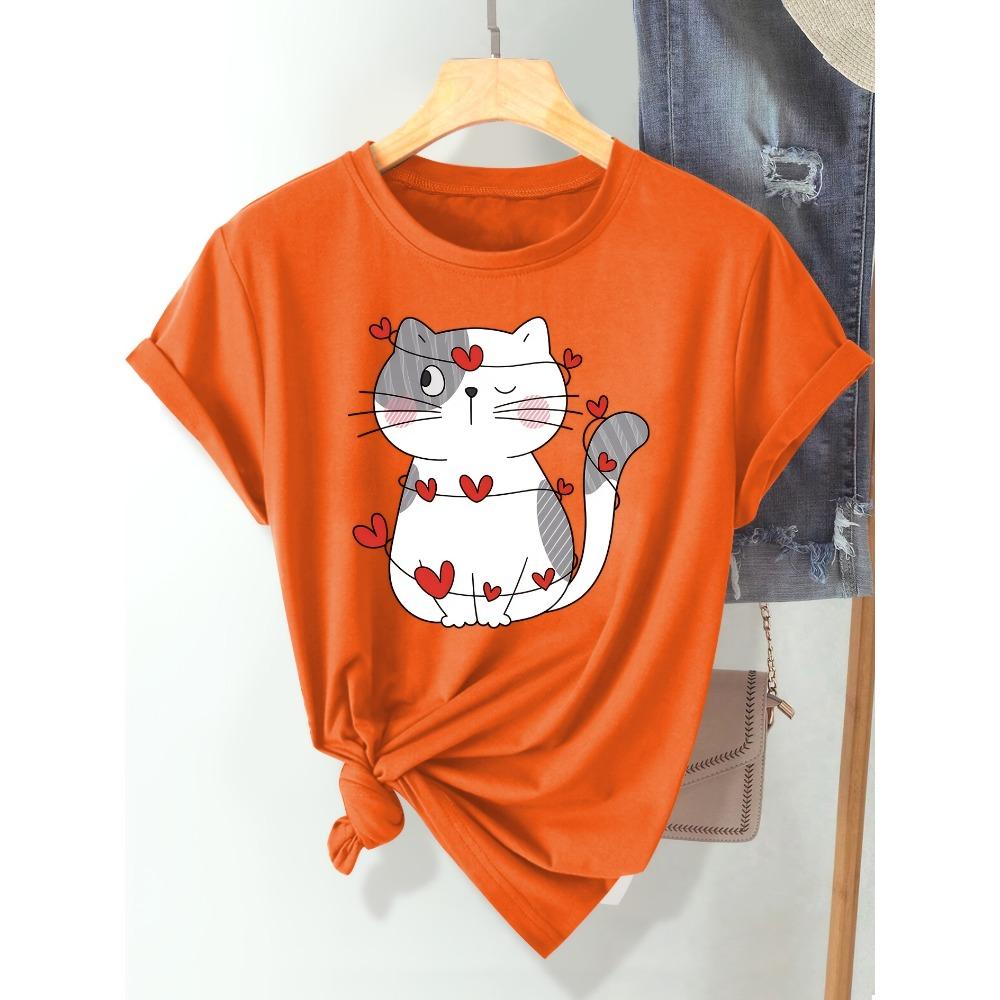 Women Cotton Short Sleeves T-shirts Heart Cat Women's Tee Cute Graphic Casual Beige Top