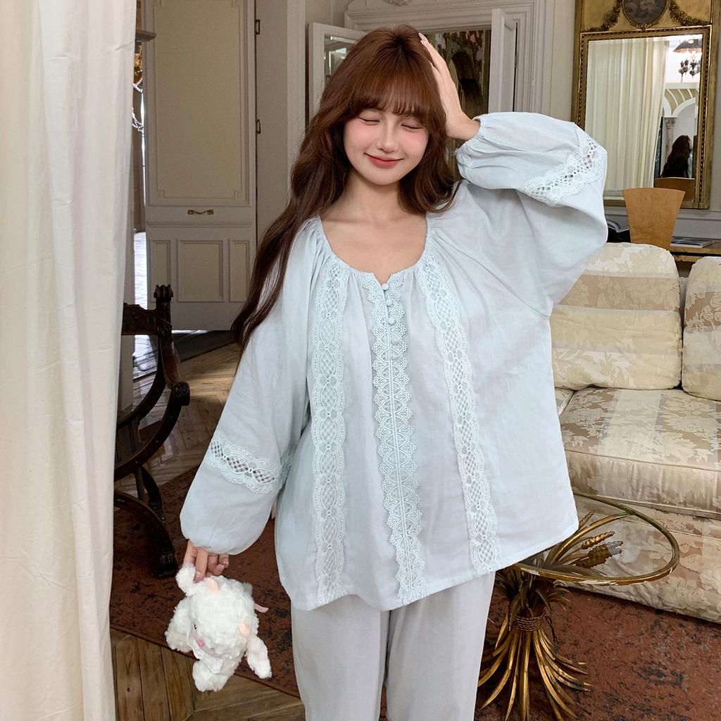 Spring and Autumn New French Cotton Pajamas Women's Lace Simple Premium Double Yarn Long Sleeve Cardigan Homewear