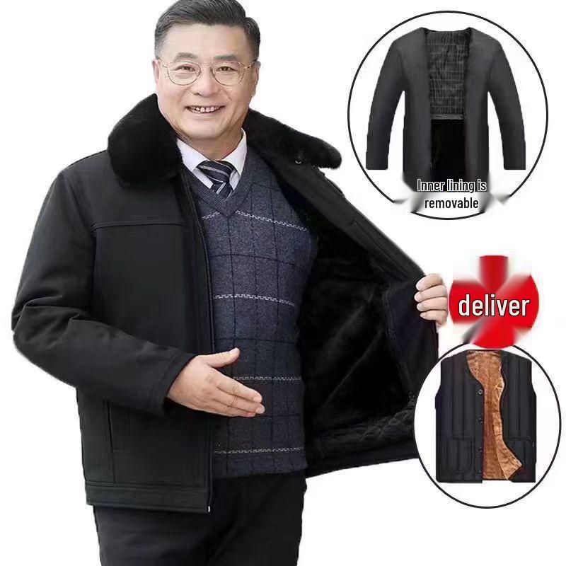Men's Winter Coat for Seniors - Thickened Cotton Padded Jacket with Buttons for Ages 70-80