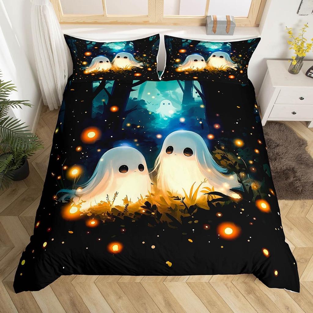 Cute Ghost Duvet Cover Twin King Halloween Bedding Set For Kids Girl Microfiber Horror Theme Comforter Cover With 2 Pillowcases