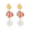 Summer Beach Tropical Ceramic Fish Earrings For Women Gold Plated Metal Conch Shell Baroque Pearl Dangle Earring Party Jewelry