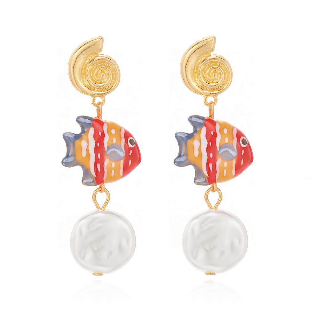 Summer Beach Tropical Ceramic Fish Earrings For Women Gold Plated Metal Conch Shell Baroque Pearl Dangle Earring Party Jewelry