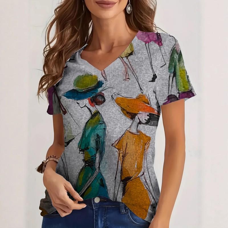 Womens V-Neck Loose Fit Short Sleeve T-Shirt With Floral Print Casual Top