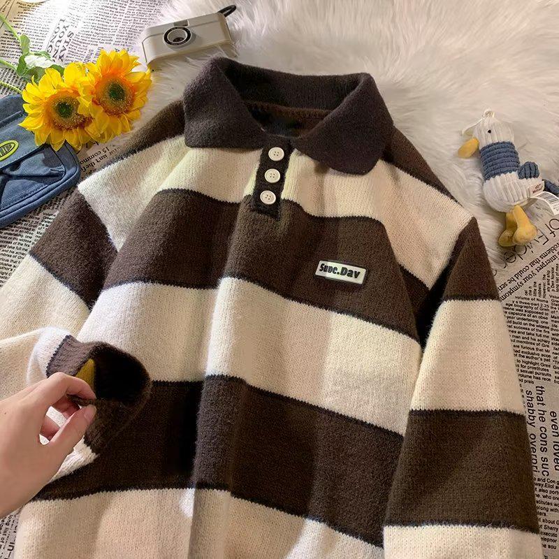 

Мужской полосатый свитер с воротником-поло — модный свободный крой в стиле ретро-кэжуал XXL кофейный