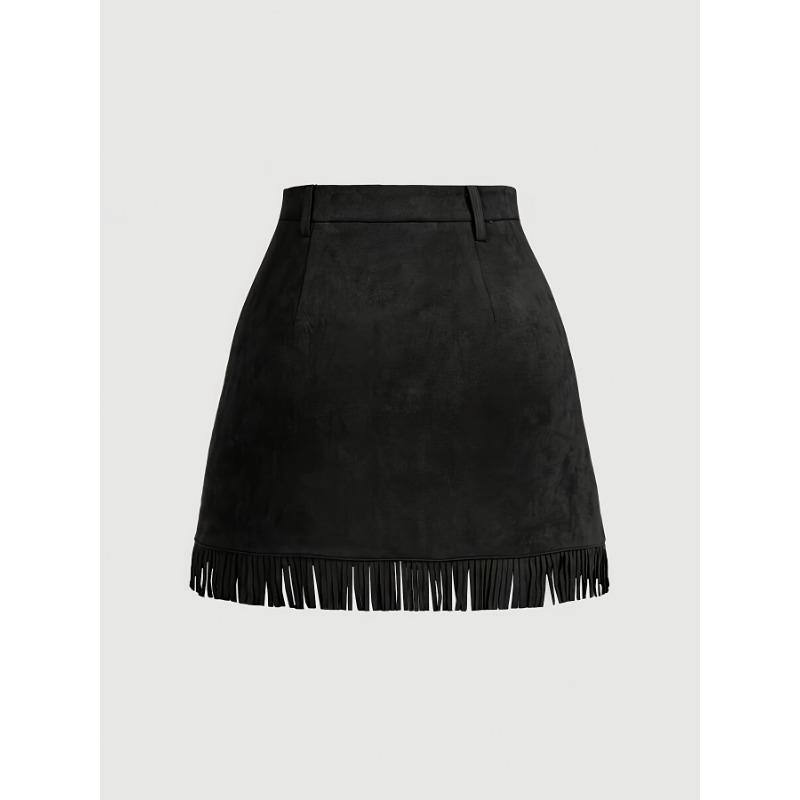 High-Waisted A-Line Tassel Hem Faux Suede Mini Skirt