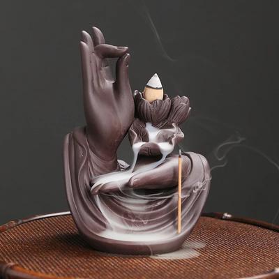 Ceramic Handicraft Buddha Hand Backflow Incense Burner Incense Stick Holder Lotus Censer Office Tea House Decorate -No Incense