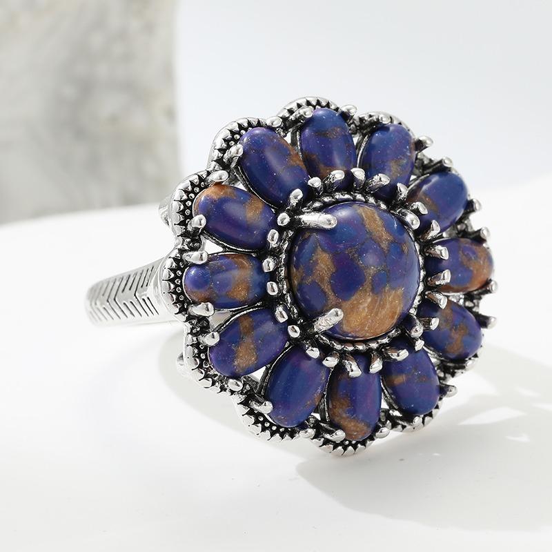 Ethnic Inlaid Imitation Lapis Lazuli Flower Women's Ring Vintage CopperColor Geometry Daily Wear Party Jewelry Anniversary Gift
