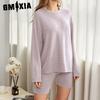 GMXIA Fashion Casual Sportswear Pajamas Women Spring and Autumn Models Solid Colour Long-sleeved Shorts Two-piece Homewear