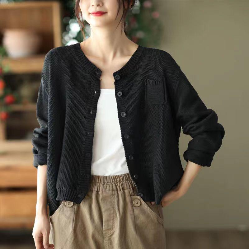 Damski kardigan dziergany w stylu koreańskim: Wiosna 2025 Luźny Top Wyszczuplający z Okrągłym Dekoltem