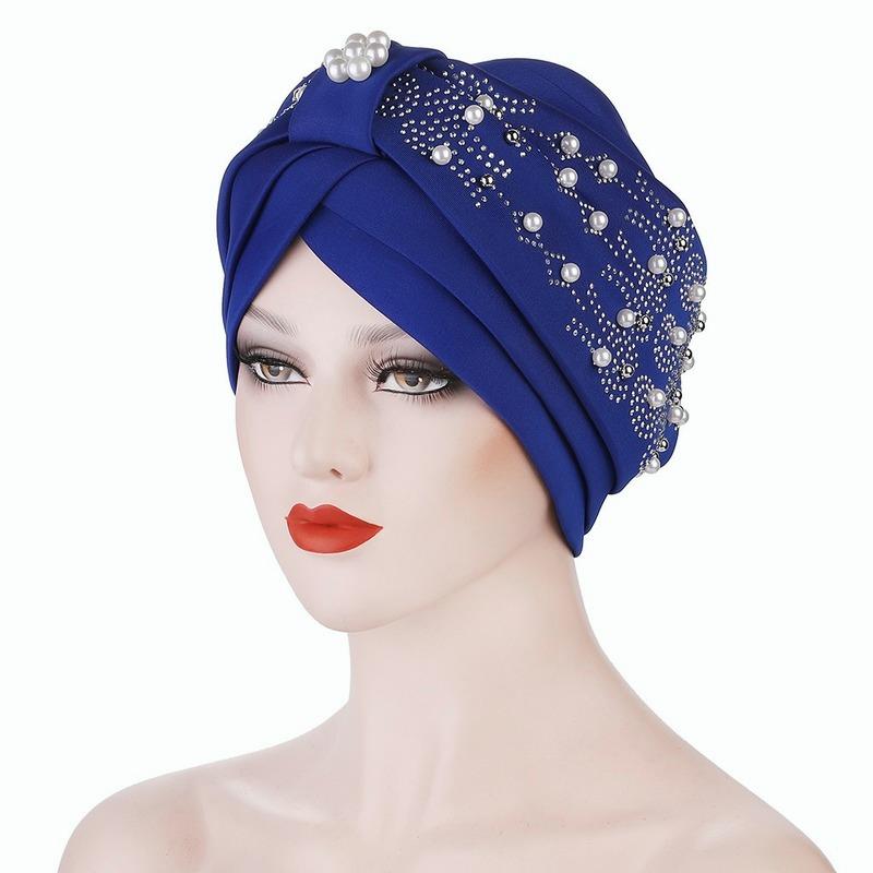 Women's Solid Color Hot Drilling Pearl Turban Hat Cap Head Hat Accessories
